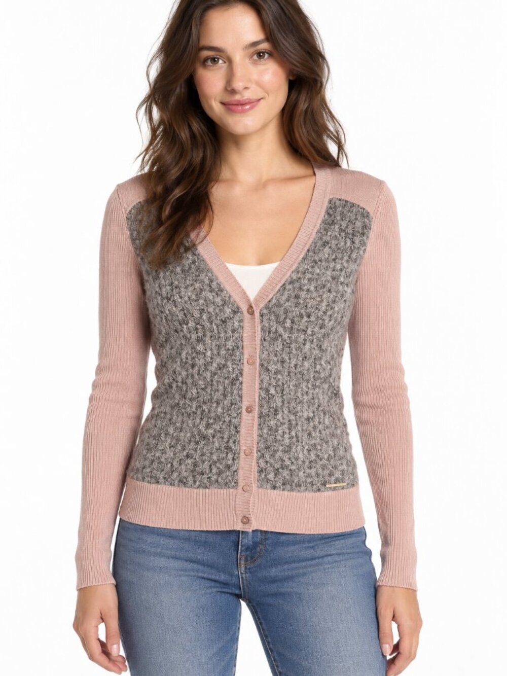 SUPERTRASH Pink & Grey Textured Knit V-Neck Cardigan Size M